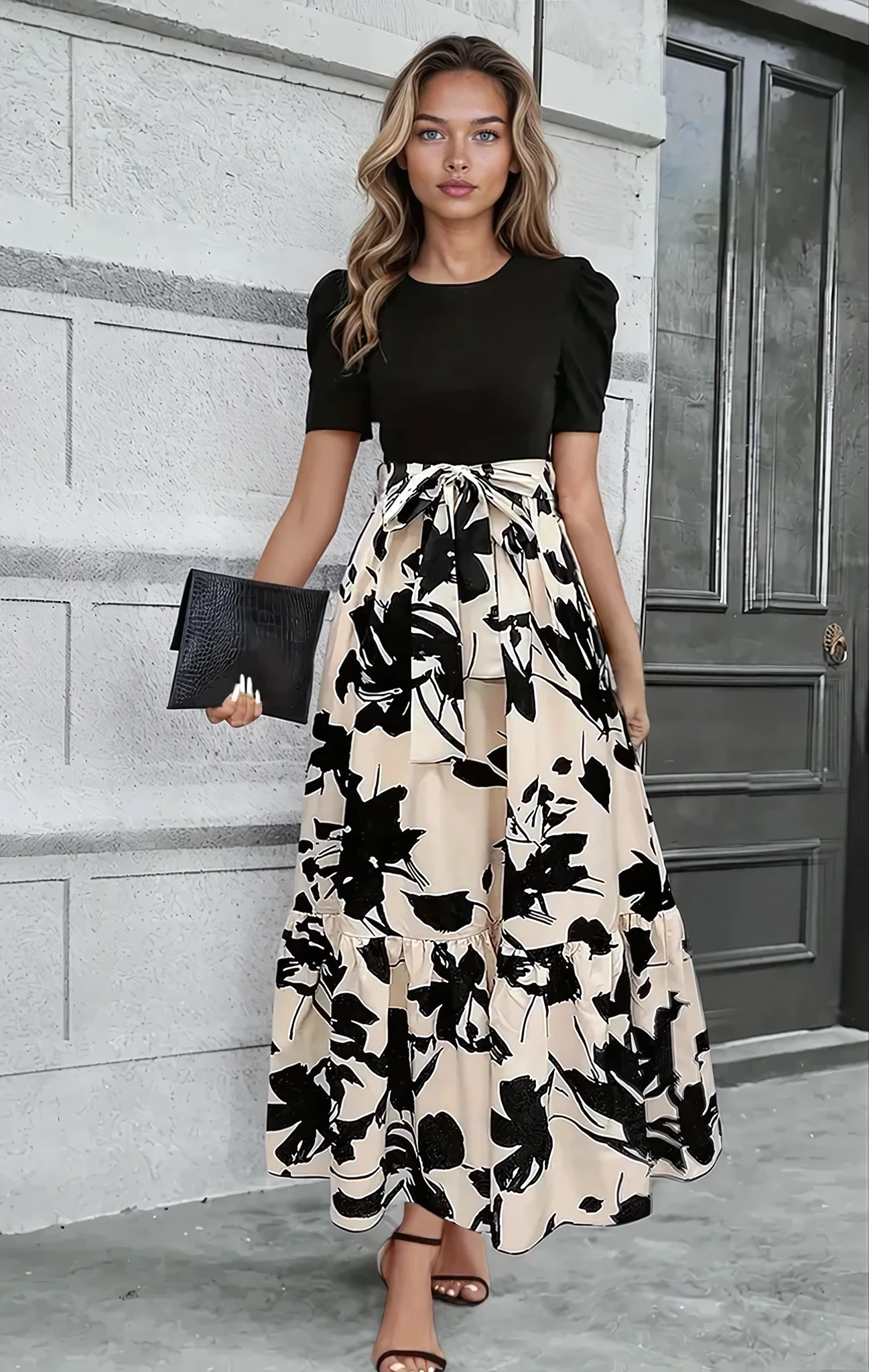 Women's Modern Printed Botanical Patterns Maxi Dress with Waist Belt and Crew Neckline