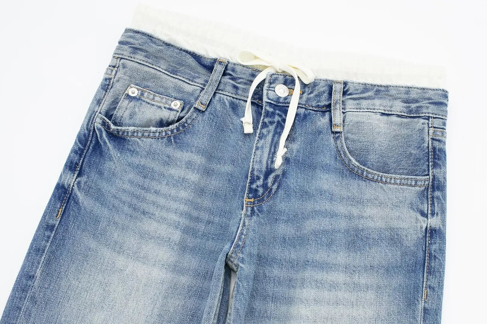 Women’s Retro Mid‑Waist Straight‑Leg Jeans with Lace‑Up