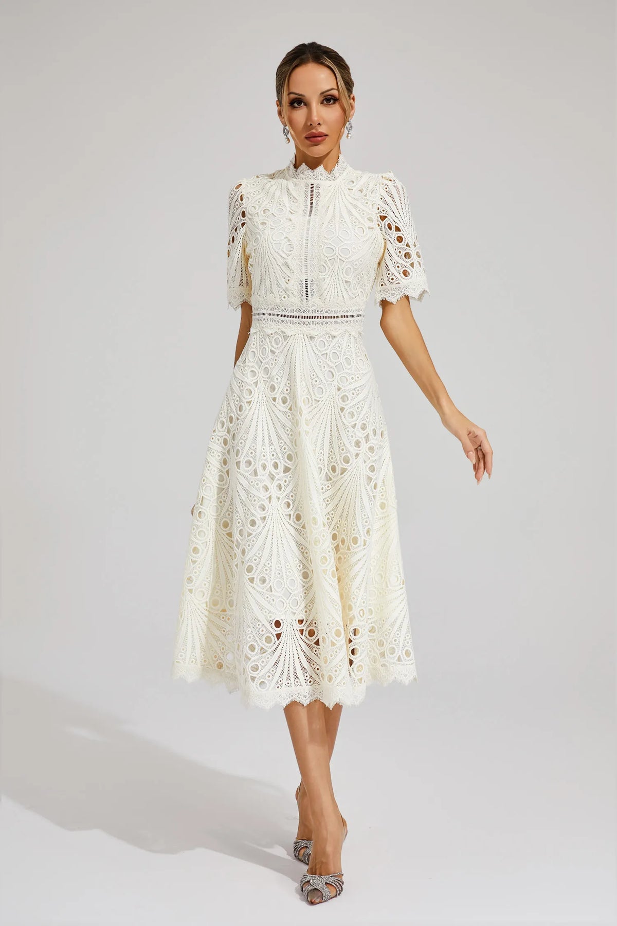 Exquisite Airy Lace Wedding Party Midi Dress for Women