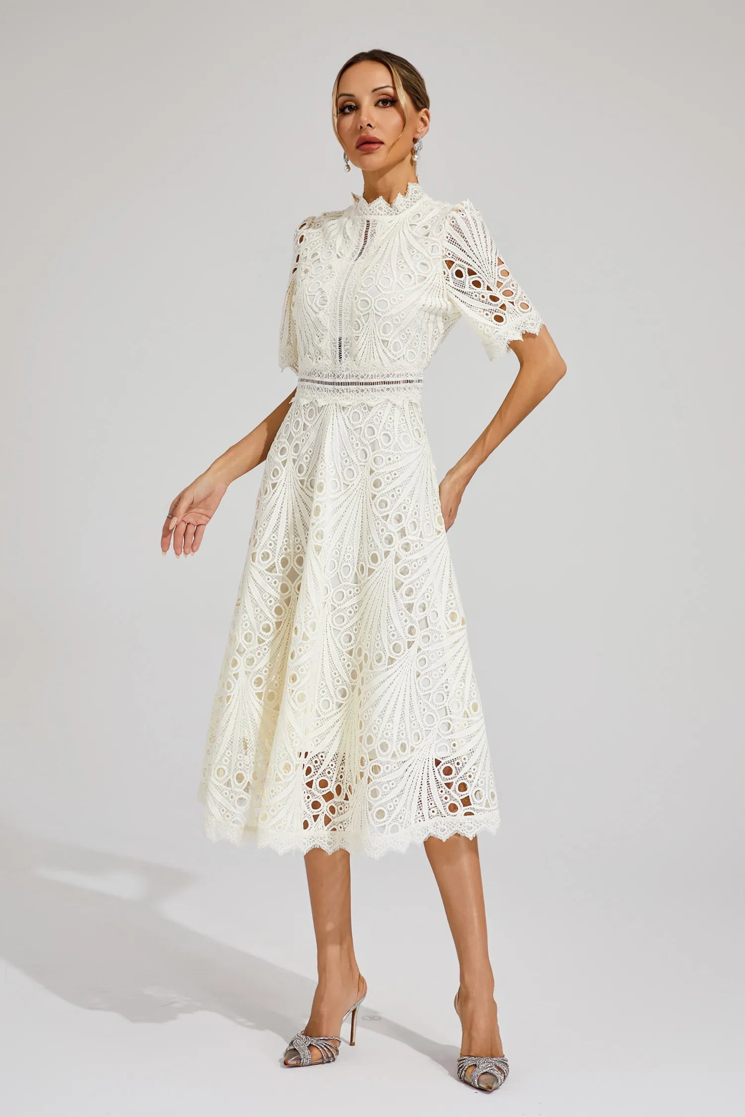 Exquisite Airy Lace Wedding Party Midi Dress for Women