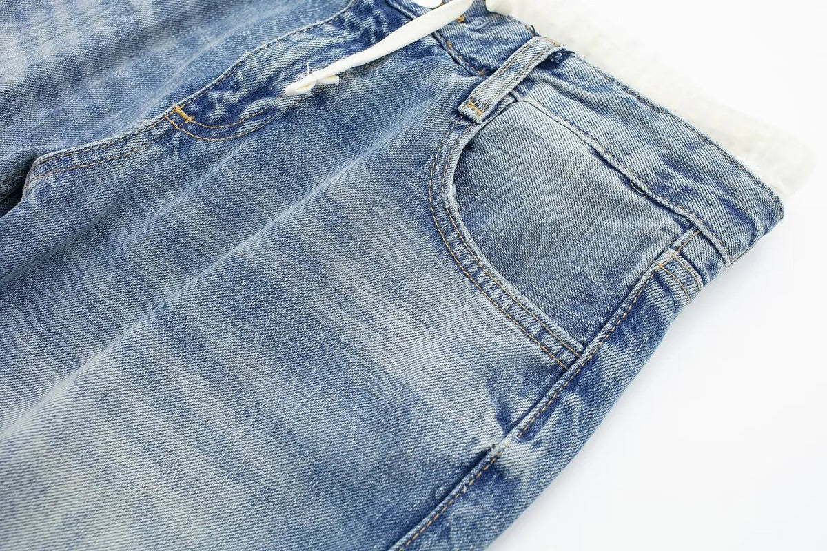 Women’s Retro Mid‑Waist Straight‑Leg Jeans with Lace‑Up